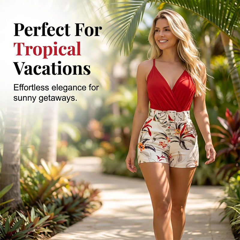 Dames V-hals top en zomershorts set met print | LF10336018HUGS