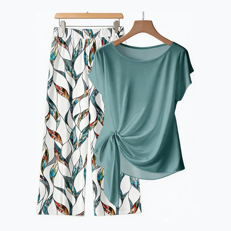 Dames loungeset met zijknoop en geprinte broek