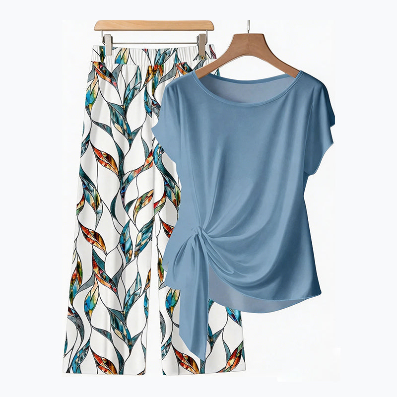 Dames loungeset met zijknoop en geprinte broek