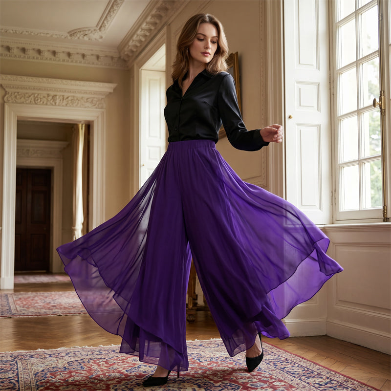 Dames Chiffon Wijde Pijp Broek met Asymmetrische Mesh Overlay