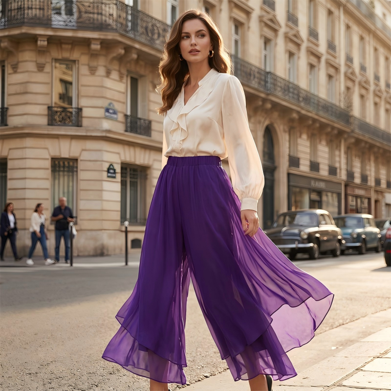 Dames Chiffon Wijde Pijp Broek met Asymmetrische Mesh Overlay