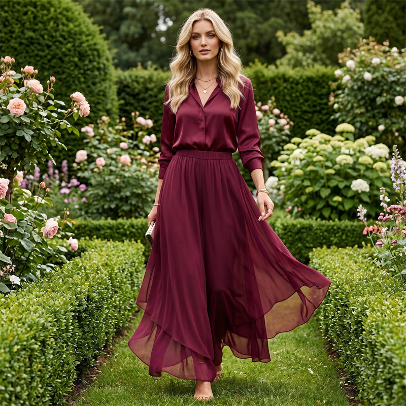 Dames Chiffon Wijde Pijp Broek met Asymmetrische Mesh Overlay