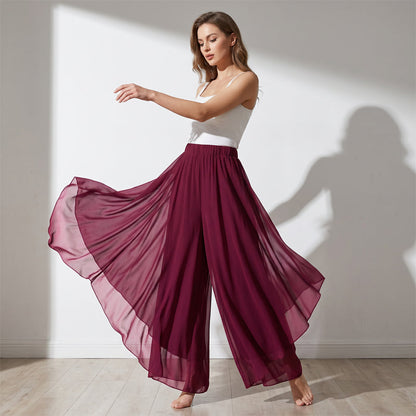 Dames Chiffon Wijde Pijp Broek met Asymmetrische Mesh Overlay