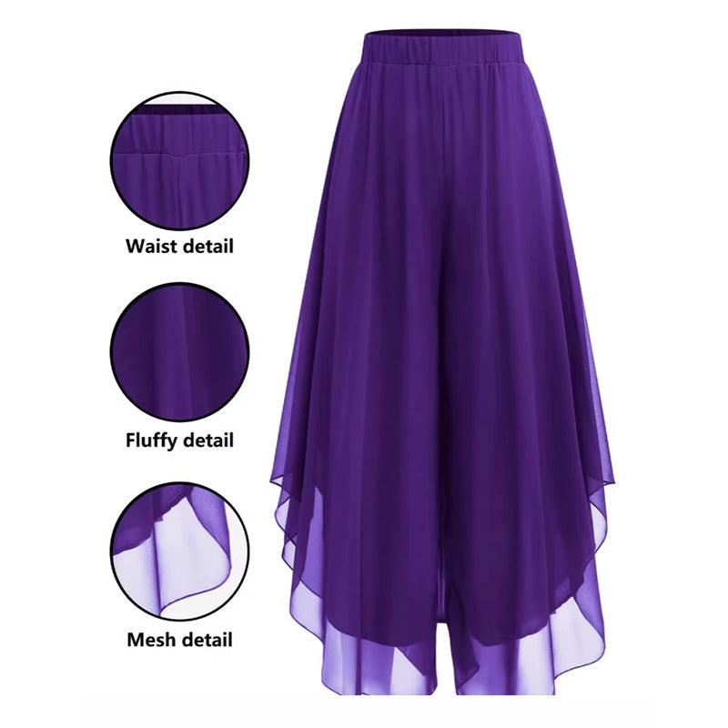 Dames Chiffon Wijde Pijp Broek met Asymmetrische Mesh Overlay