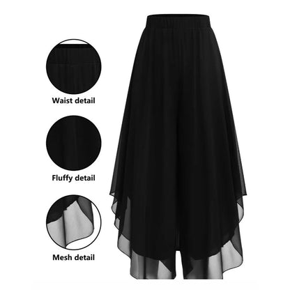 Dames Chiffon Wijde Pijp Broek met Asymmetrische Mesh Overlay