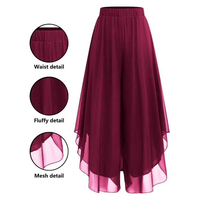 Dames Chiffon Wijde Pijp Broek met Asymmetrische Mesh Overlay