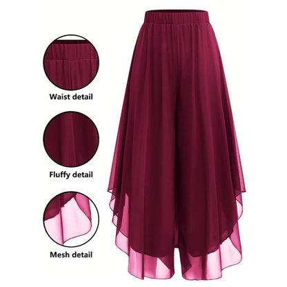 Dames Chiffon Wijde Pijp Broek met Asymmetrische Mesh Overlay