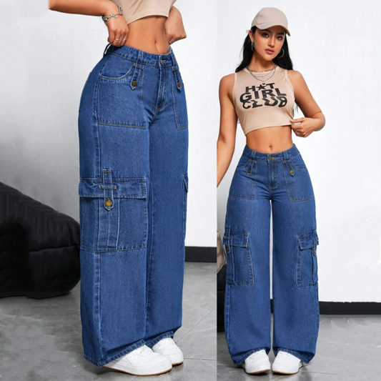 Dames denim cargobroek met hoge taille en wijde pijpen