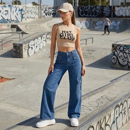 Dames denim cargobroek met hoge taille en wijde pijpen