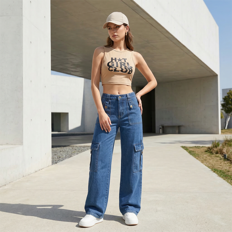 Dames denim cargobroek met hoge taille en wijde pijpen