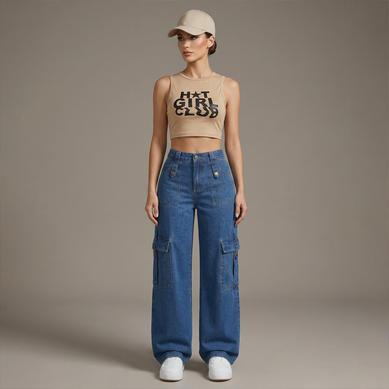 Dames denim cargobroek met hoge taille en wijde pijpen