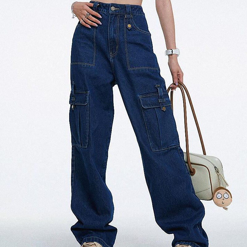 Dames denim cargobroek met hoge taille en wijde pijpen
