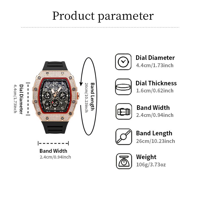 Luxe herenhorloge in tonneauvorm met strass-versiering