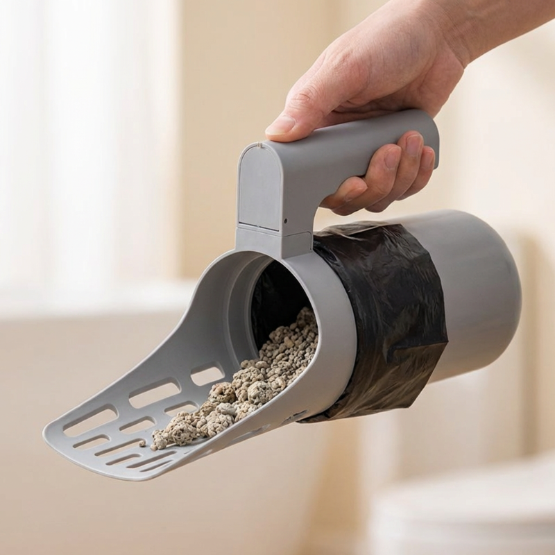 Kattenbakschep met afvalbak en ingebouwde zakkendispenser