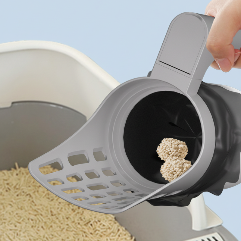 Kattenbakschep met afvalbak en ingebouwde zakkendispenser