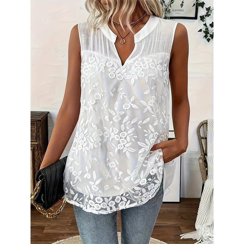 Mouwloze damesblouse met bloemenkant en V-hals