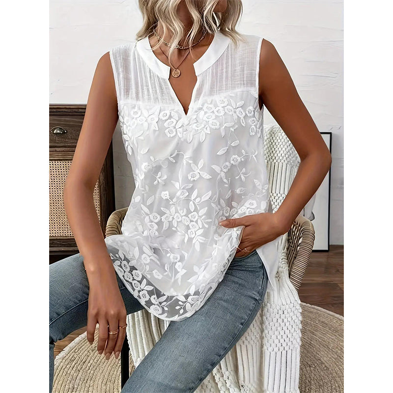Mouwloze damesblouse met bloemenkant en V-hals