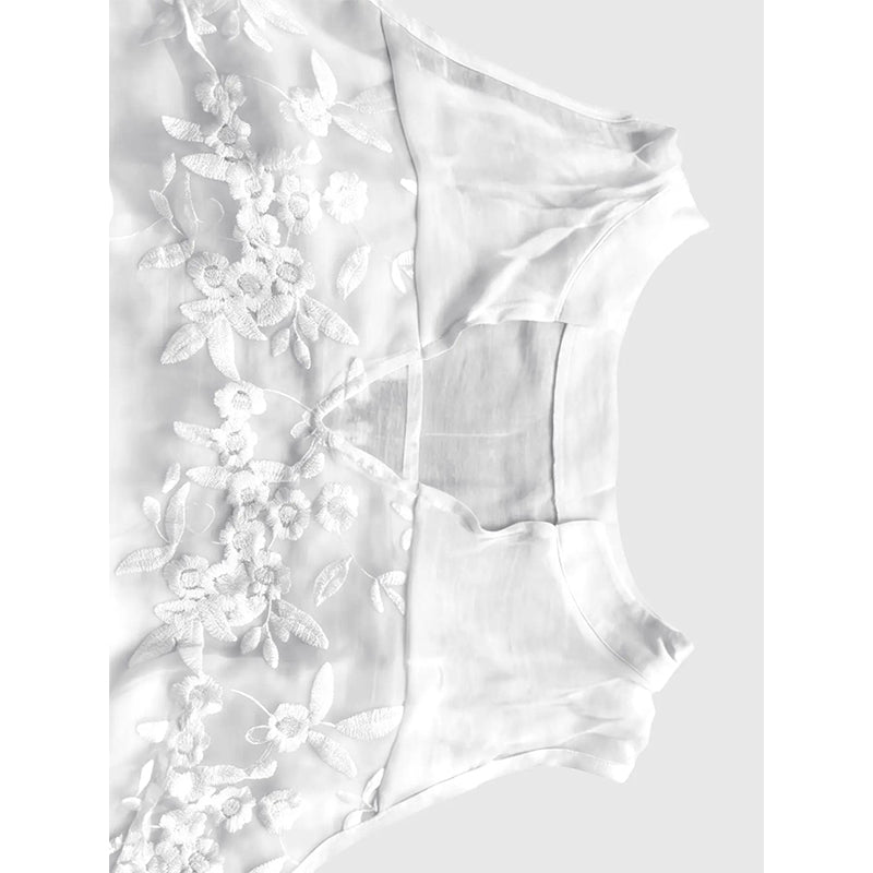 Mouwloze damesblouse met bloemenkant en V-hals