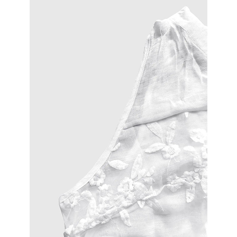 Mouwloze damesblouse met bloemenkant en V-hals