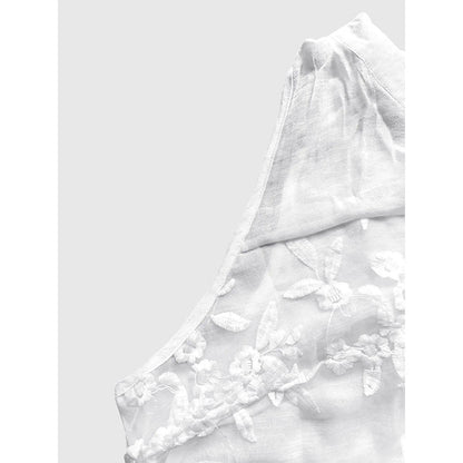 Mouwloze damesblouse met bloemenkant en V-hals