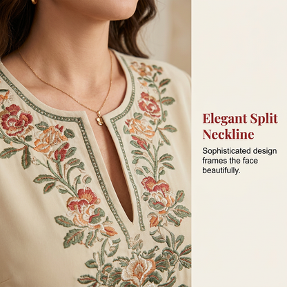 Tweedelige Dames Set met Geborduurde Blouse en Wijde Broek