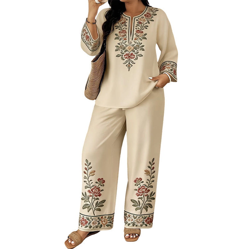 Tweedelige Dames Set met Geborduurde Blouse en Wijde Broek