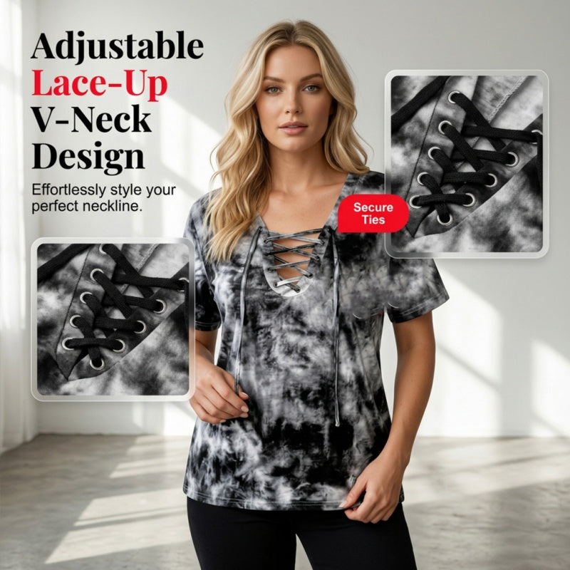 Dames tie-dye T-shirt met V-hals en vetersluiting