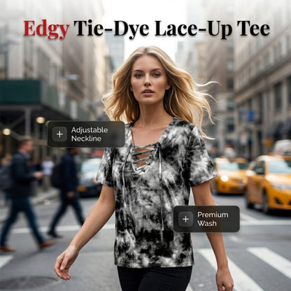 Dames tie-dye T-shirt met V-hals en vetersluiting