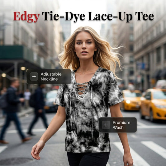 Dames tie-dye T-shirt met V-hals en vetersluiting