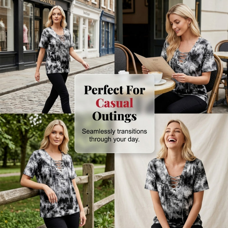 Dames tie-dye T-shirt met V-hals en vetersluiting