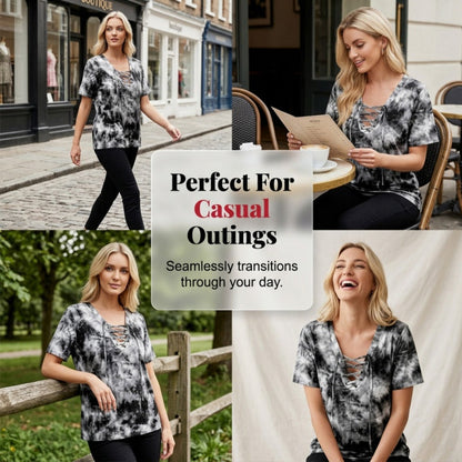 Dames tie-dye T-shirt met V-hals en vetersluiting
