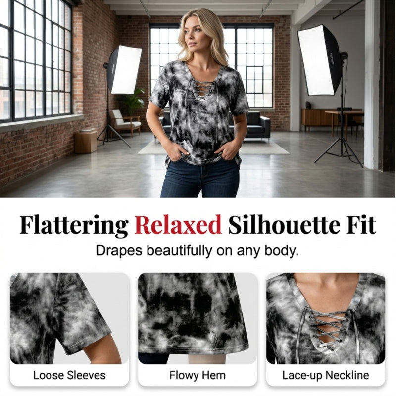 Dames tie-dye T-shirt met V-hals en vetersluiting
