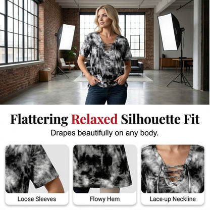 Dames tie-dye T-shirt met V-hals en vetersluiting