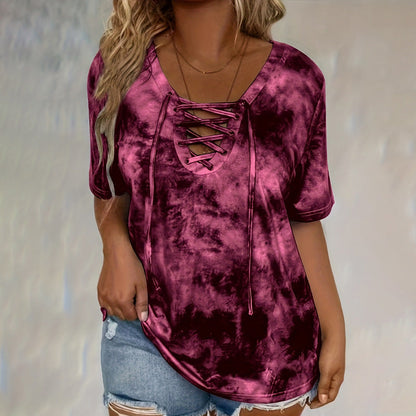 Dames tie-dye T-shirt met V-hals en vetersluiting