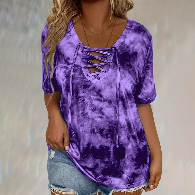 Dames tie-dye T-shirt met V-hals en vetersluiting