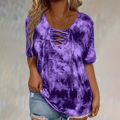 Dames tie-dye T-shirt met V-hals en vetersluiting