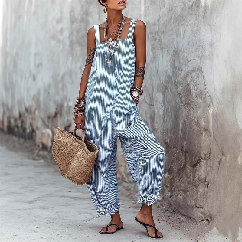 Gestreepte dames jumpsuit met dunne schouderbandjes