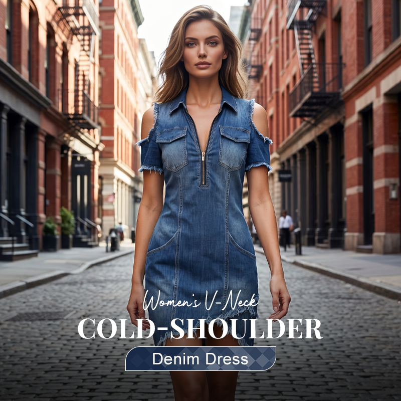 Dames denim jurk met koude schouder en V-hals