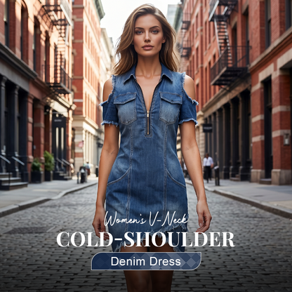 Dames denim jurk met koude schouder en V-hals