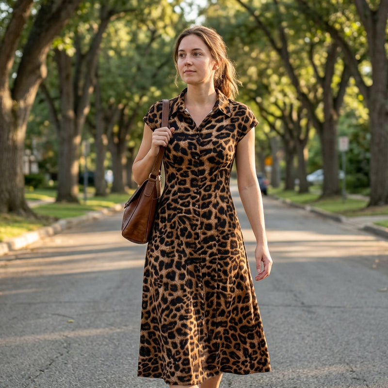 Elegante damesjurk met omgeslagen kraag en luipaardprint
