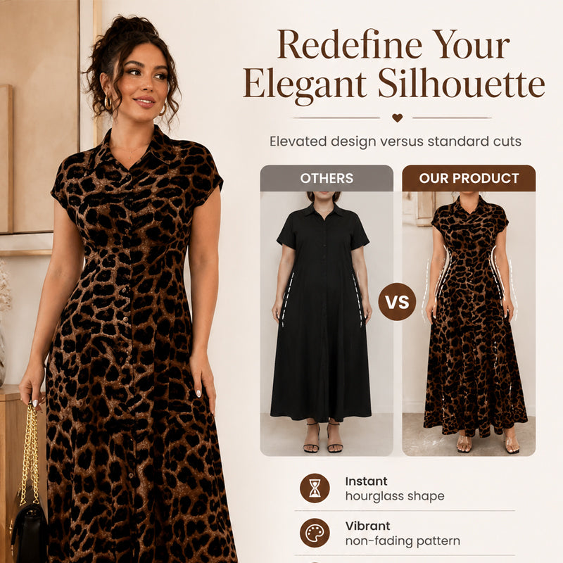 Elegante damesjurk met omgeslagen kraag en luipaardprint