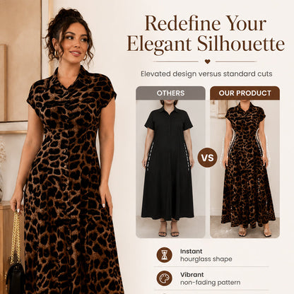 Elegante damesjurk met omgeslagen kraag en luipaardprint