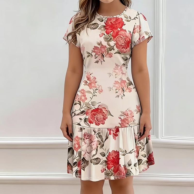 Dames jurk met bloemenprint en ruches zoom