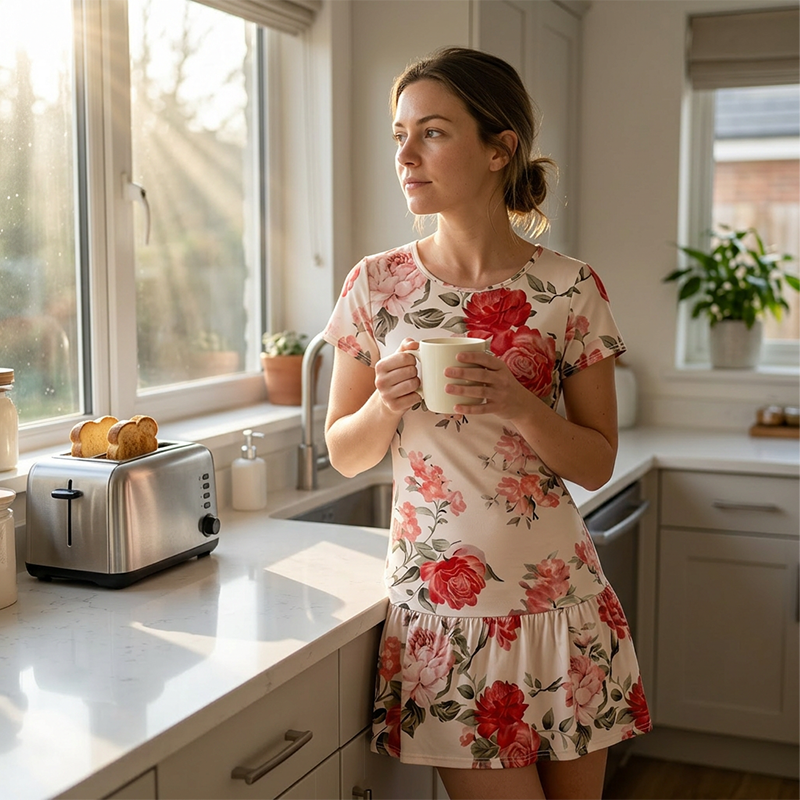 Dames jurk met bloemenprint en ruches zoom