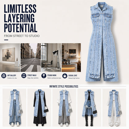 Mouwloze denim giletjurk voor dames met hoge split