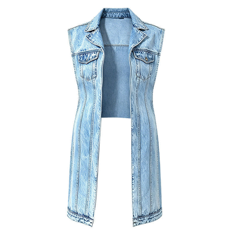 Mouwloze denim giletjurk voor dames met hoge split