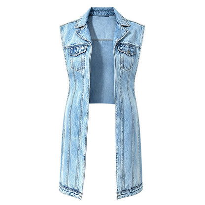Mouwloze denim giletjurk voor dames met hoge split