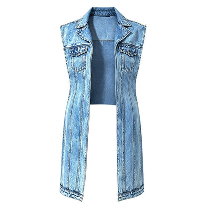 Mouwloze denim giletjurk voor dames met hoge split